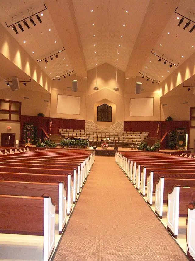 A church sanctuary with freshly painted walls and finished trim