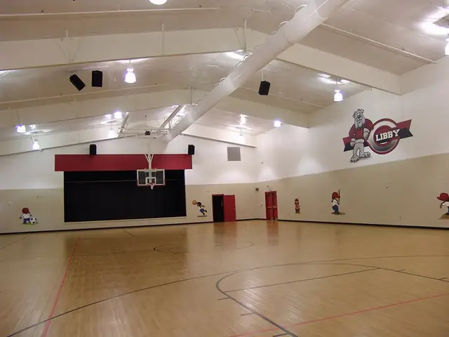 A school gymnasium with freshly painted walls and a bulldog mascot mural painted onto the wall